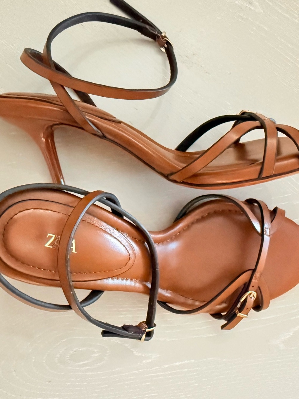 Zara Tan Brown Leather Strappy Sandals with Ankle Wrap - Picture 2 of 6